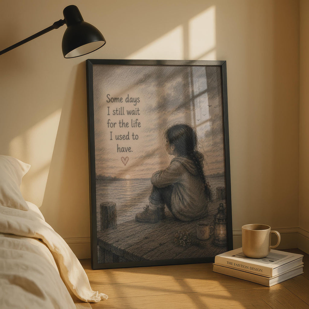 Emotional Quote Poster, Lonely Girl at Sunset, Pencil Sketch Wall Art, Grief Healing