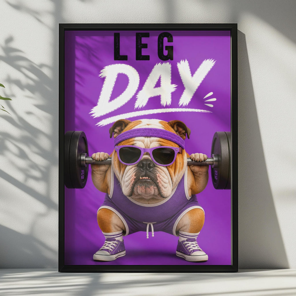 Leg Day Bulldog Poster, Funny Gym Wall Art, Purple Weightlifting Dog, Home Gym Decor