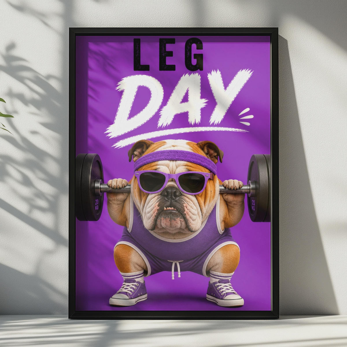 Leg Day Bulldog Poster, Funny Gym Wall Art, Purple Weightlifting Dog, Home Gym Decor