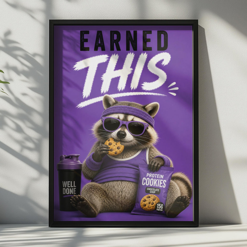 Funny Raccoon Gym Poster, Earned This Workout Wall Art, Purple Fitness Humour Print