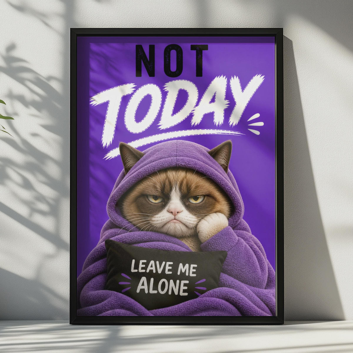 Grumpy Cat Poster, Purple Hooded Cat Wall Art, Sarcastic Leave Me Alone Gift