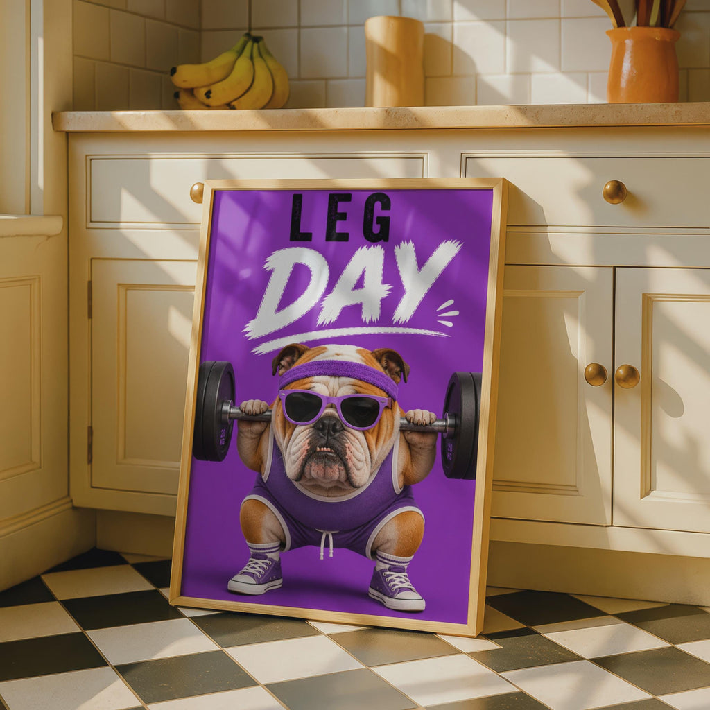 Leg Day Bulldog Poster, Funny Gym Wall Art, Purple Weightlifting Dog, Home Gym Decor