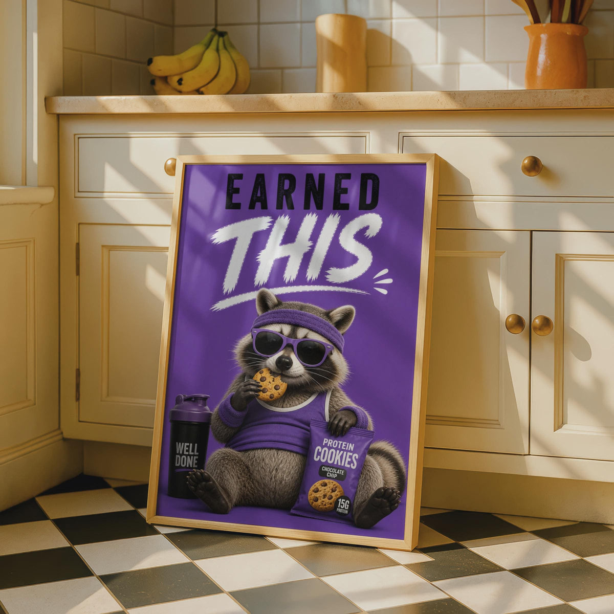 Funny Raccoon Gym Poster, Earned This Workout Wall Art, Purple Fitness Humour Print