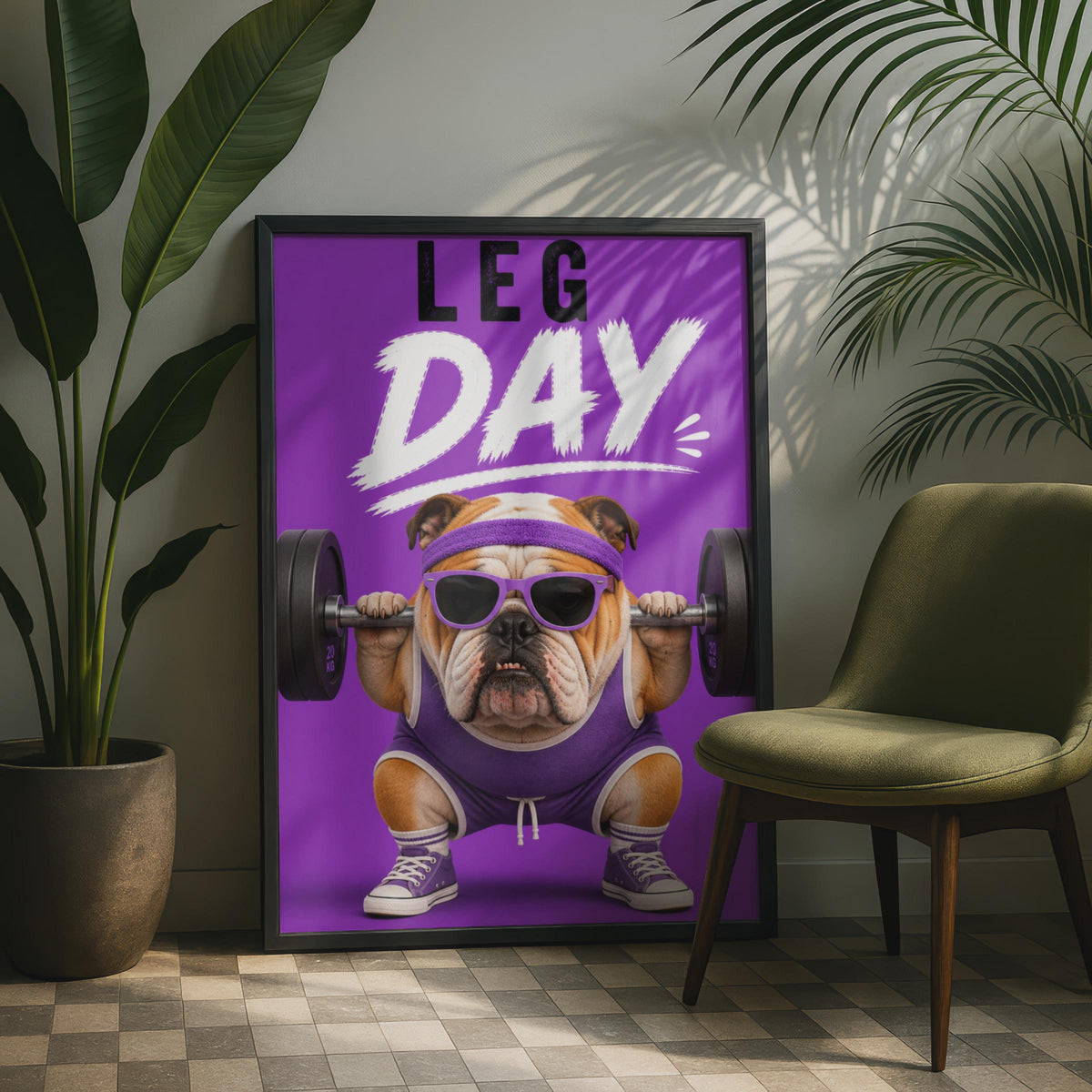 Leg Day Bulldog Poster, Funny Gym Wall Art, Purple Weightlifting Dog, Home Gym Decor