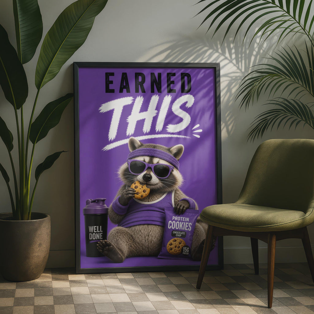 Funny Raccoon Gym Poster, Earned This Workout Wall Art, Purple Fitness Humour Print