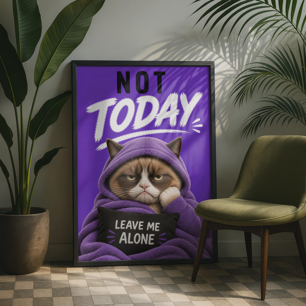 Grumpy Cat Poster, Purple Hooded Cat Wall Art, Sarcastic Leave Me Alone Gift
