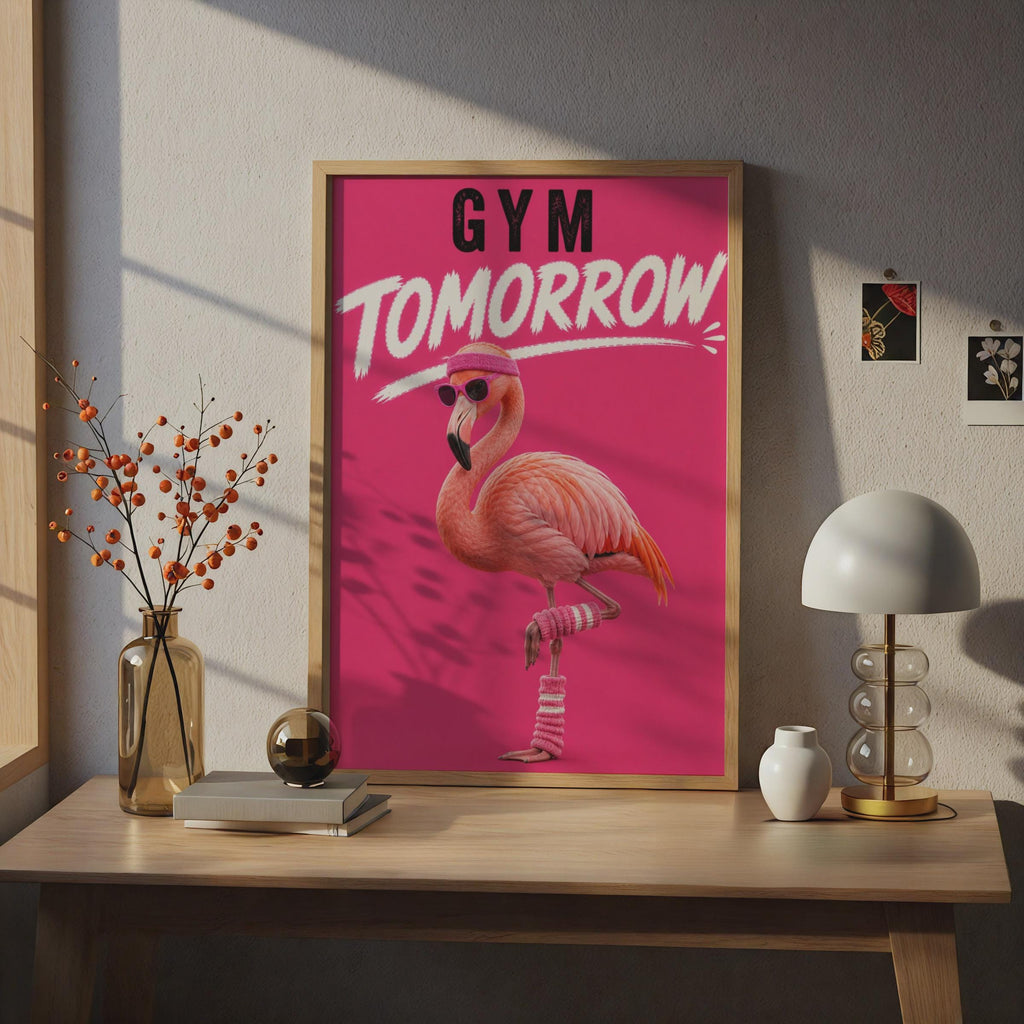 Gym Tomorrow Funny Flamingo Poster, Pink Humour Fitness Wall Art, Gym Decor