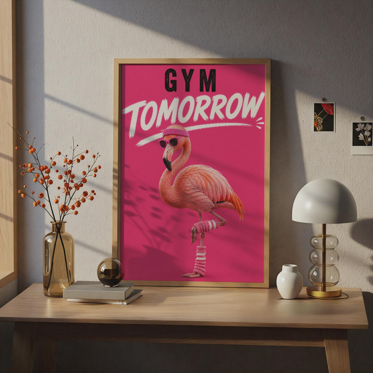 Gym Tomorrow Funny Flamingo Poster, Pink Humour Fitness Wall Art, Gym Decor