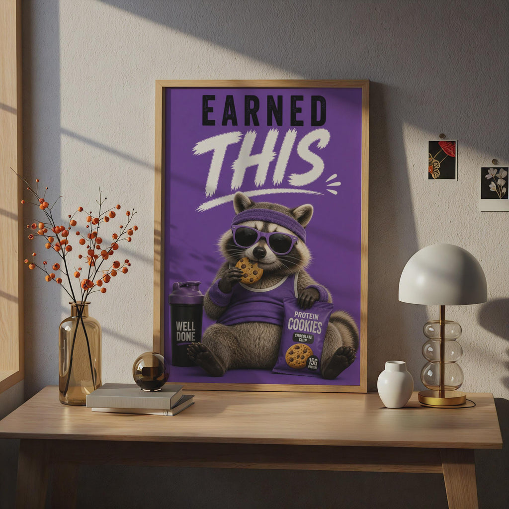Funny Raccoon Gym Poster, Earned This Workout Wall Art, Purple Fitness Humour Print
