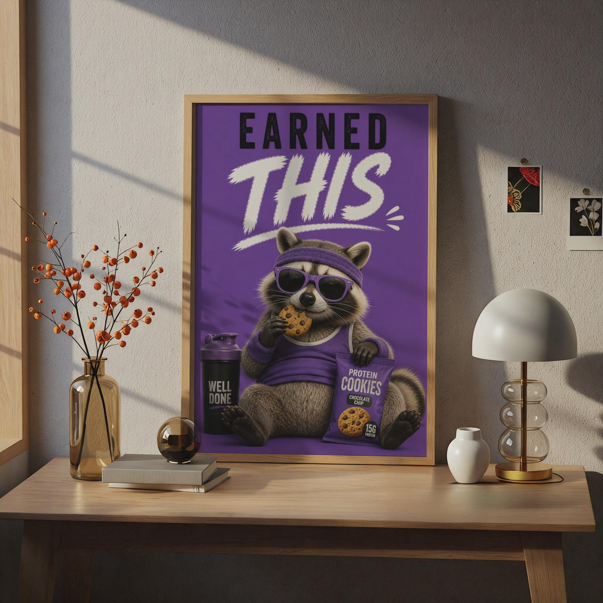 Funny Raccoon Gym Poster, Earned This Workout Wall Art, Purple Fitness Humour Print