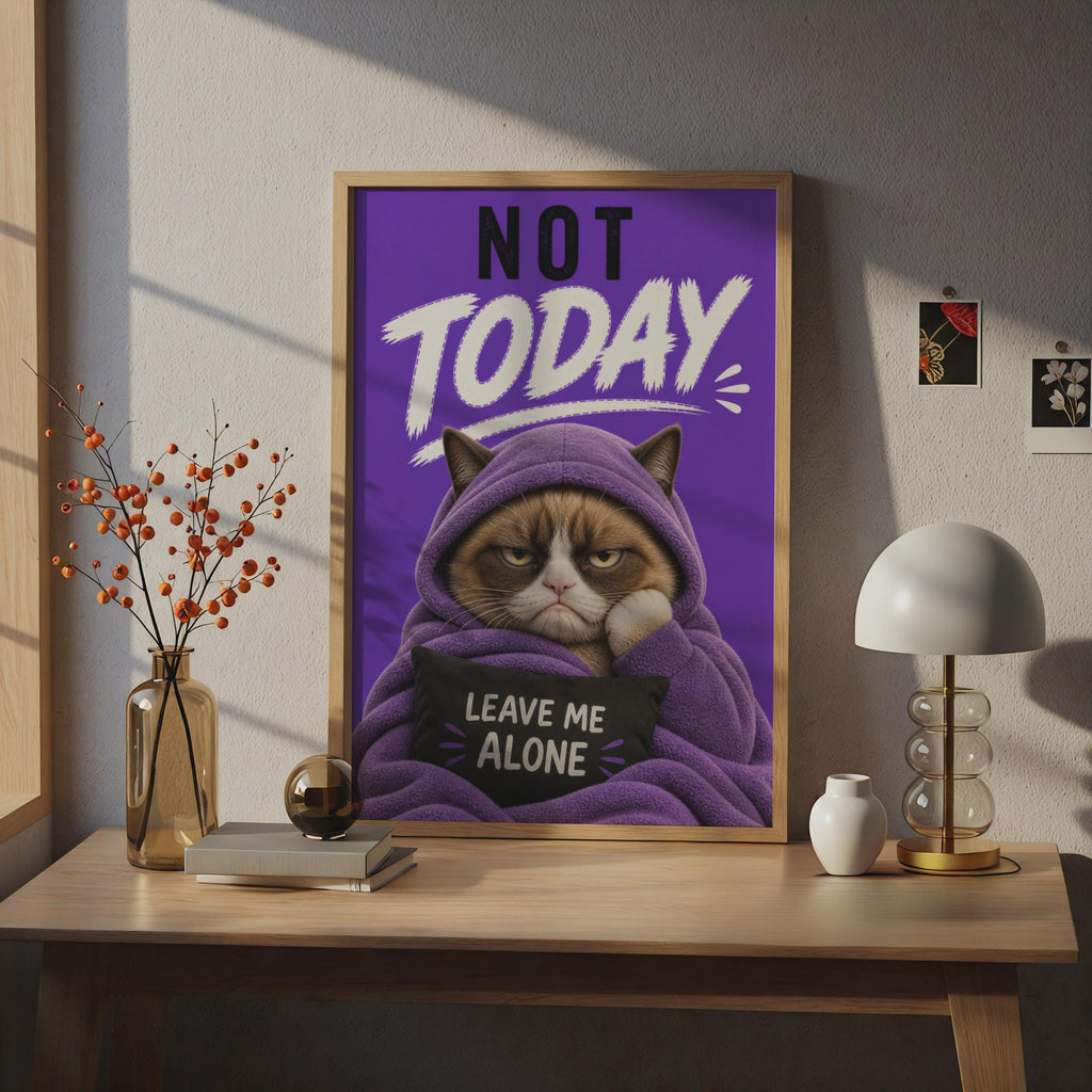Grumpy Cat Poster, Purple Hooded Cat Wall Art, Sarcastic Leave Me Alone Gift