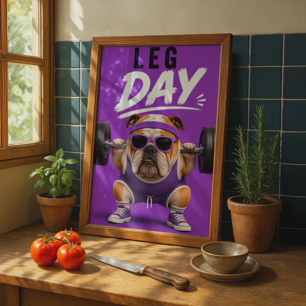 Leg Day Bulldog Poster, Funny Gym Wall Art, Purple Weightlifting Dog, Home Gym Decor