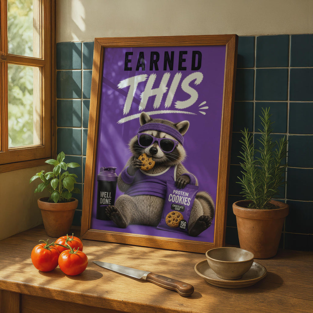 Funny Raccoon Gym Poster, Earned This Workout Wall Art, Purple Fitness Humour Print