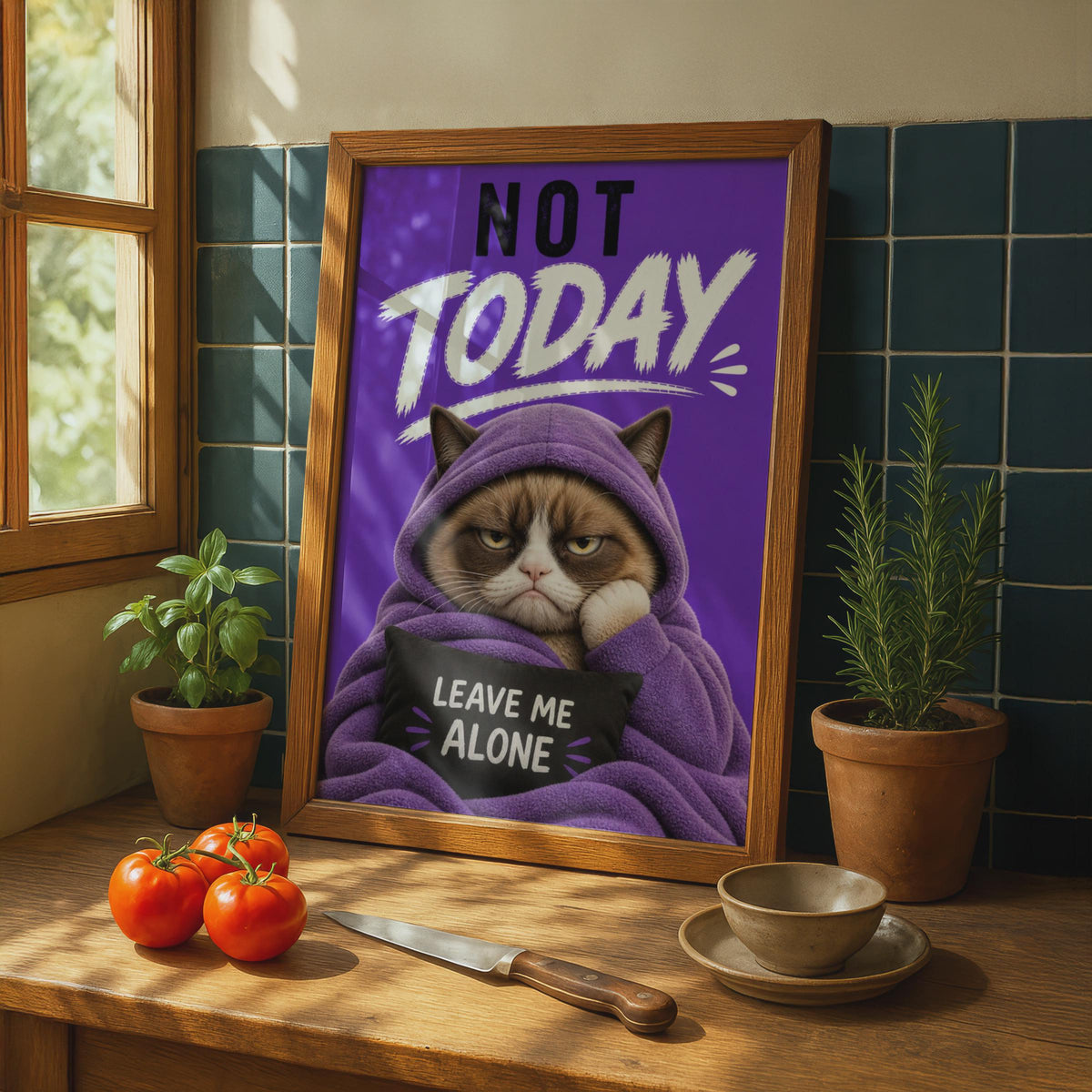 Grumpy Cat Poster, Purple Hooded Cat Wall Art, Sarcastic Leave Me Alone Gift