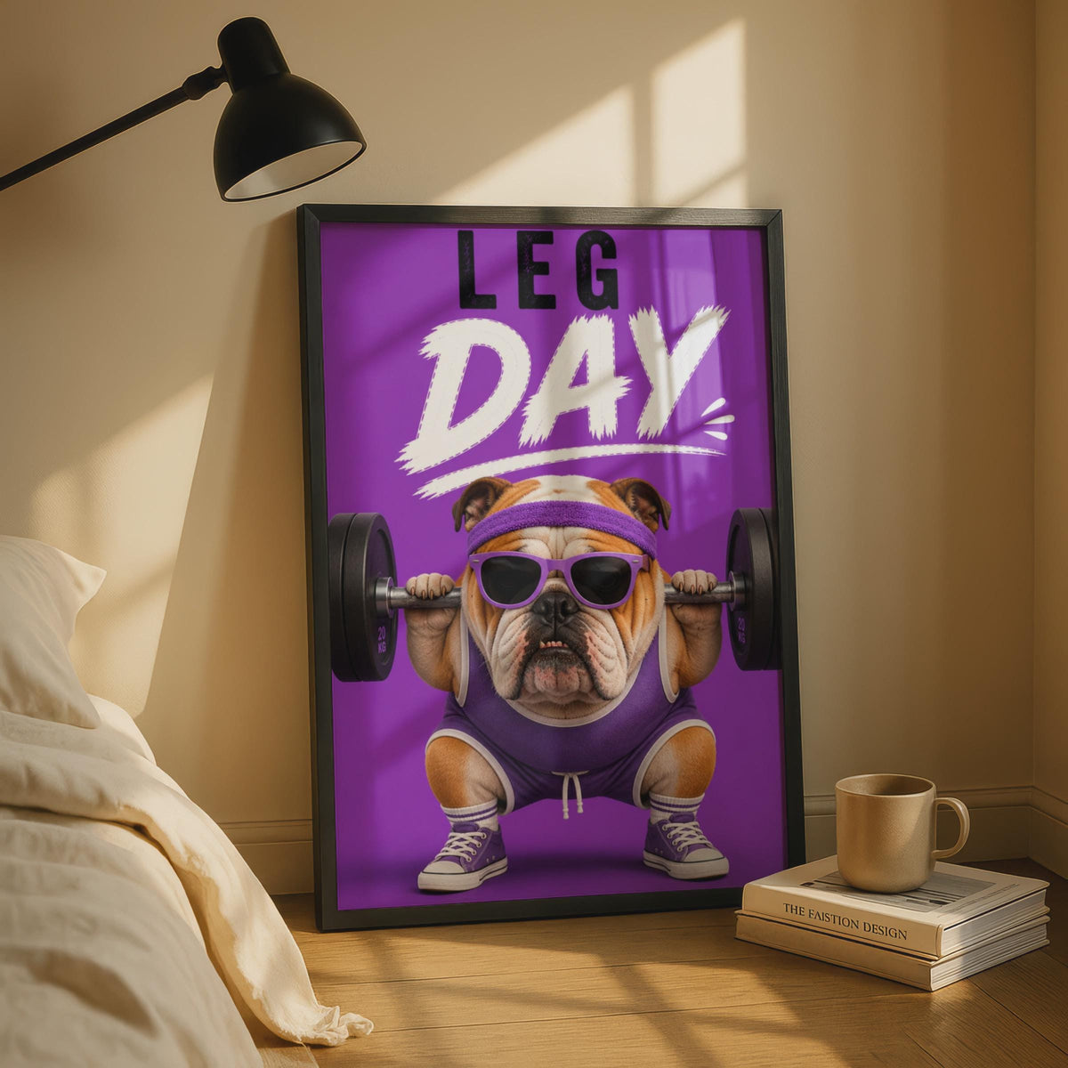 Leg Day Bulldog Poster, Funny Gym Wall Art, Purple Weightlifting Dog, Home Gym Decor