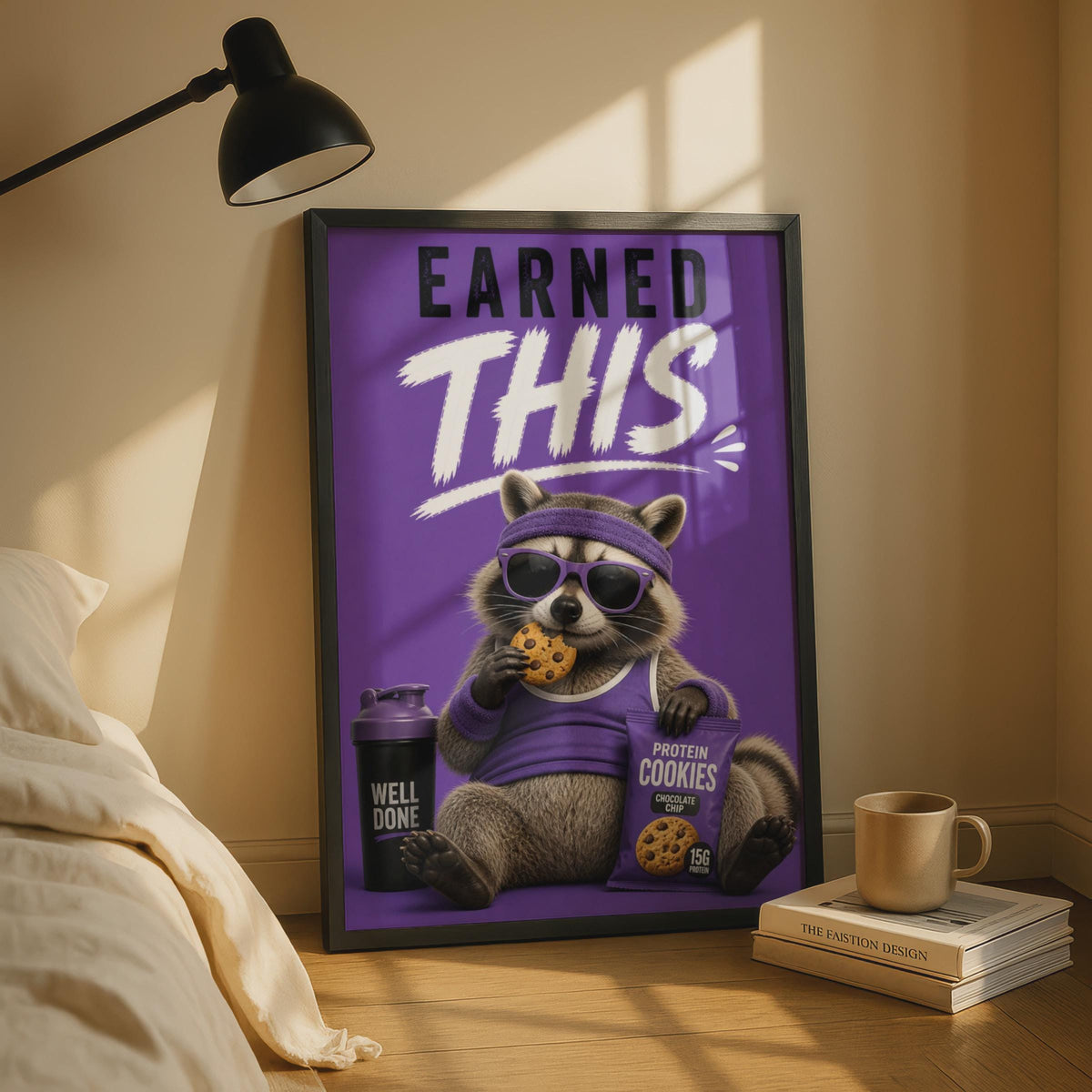 Funny Raccoon Gym Poster, Earned This Workout Wall Art, Purple Fitness Humour Print