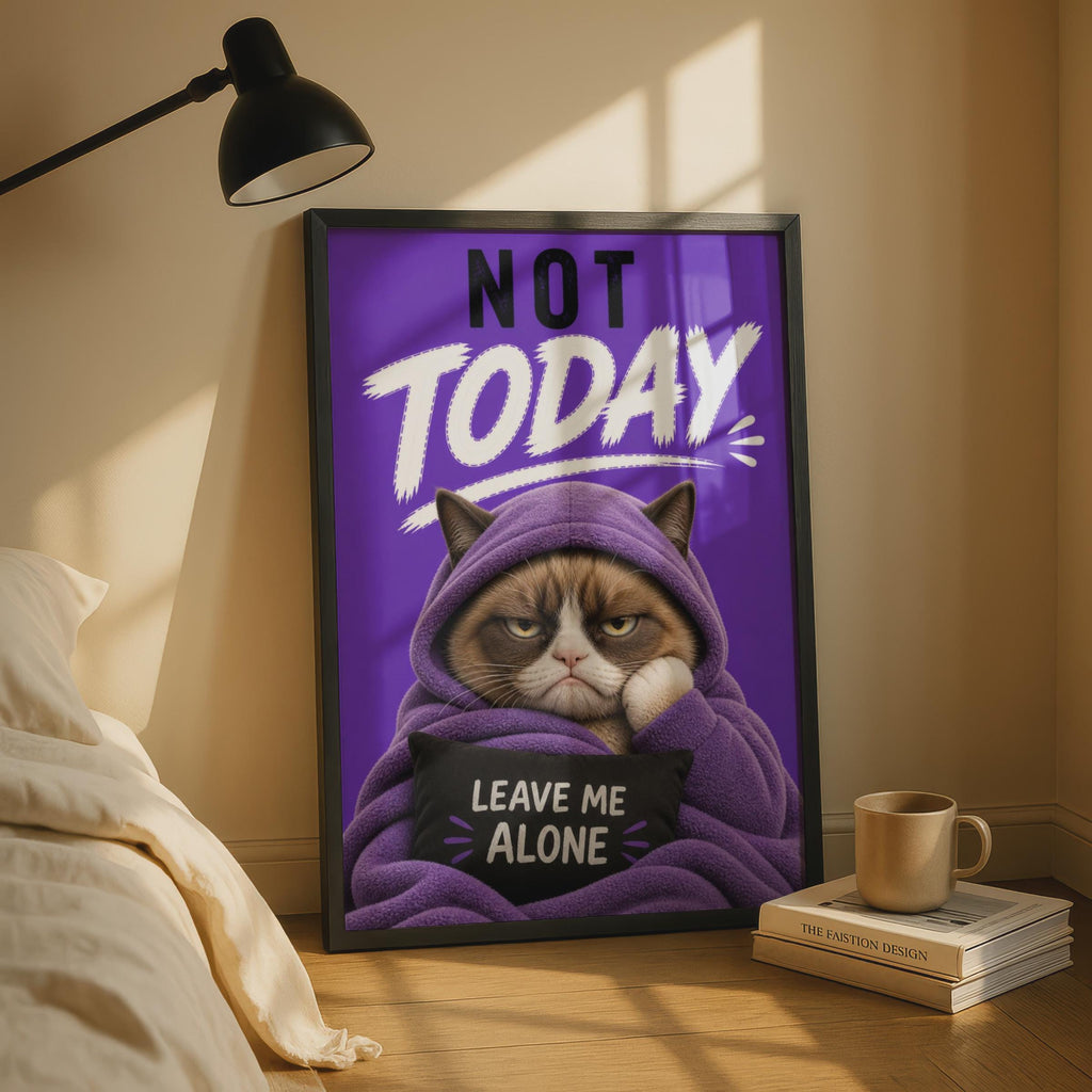 Grumpy Cat Poster, Purple Hooded Cat Wall Art, Sarcastic Leave Me Alone Gift