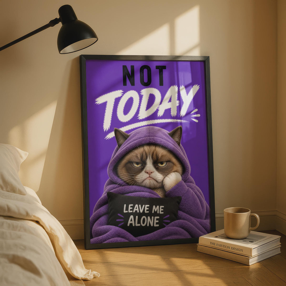 Grumpy Cat Poster, Purple Hooded Cat Wall Art, Sarcastic Leave Me Alone Gift
