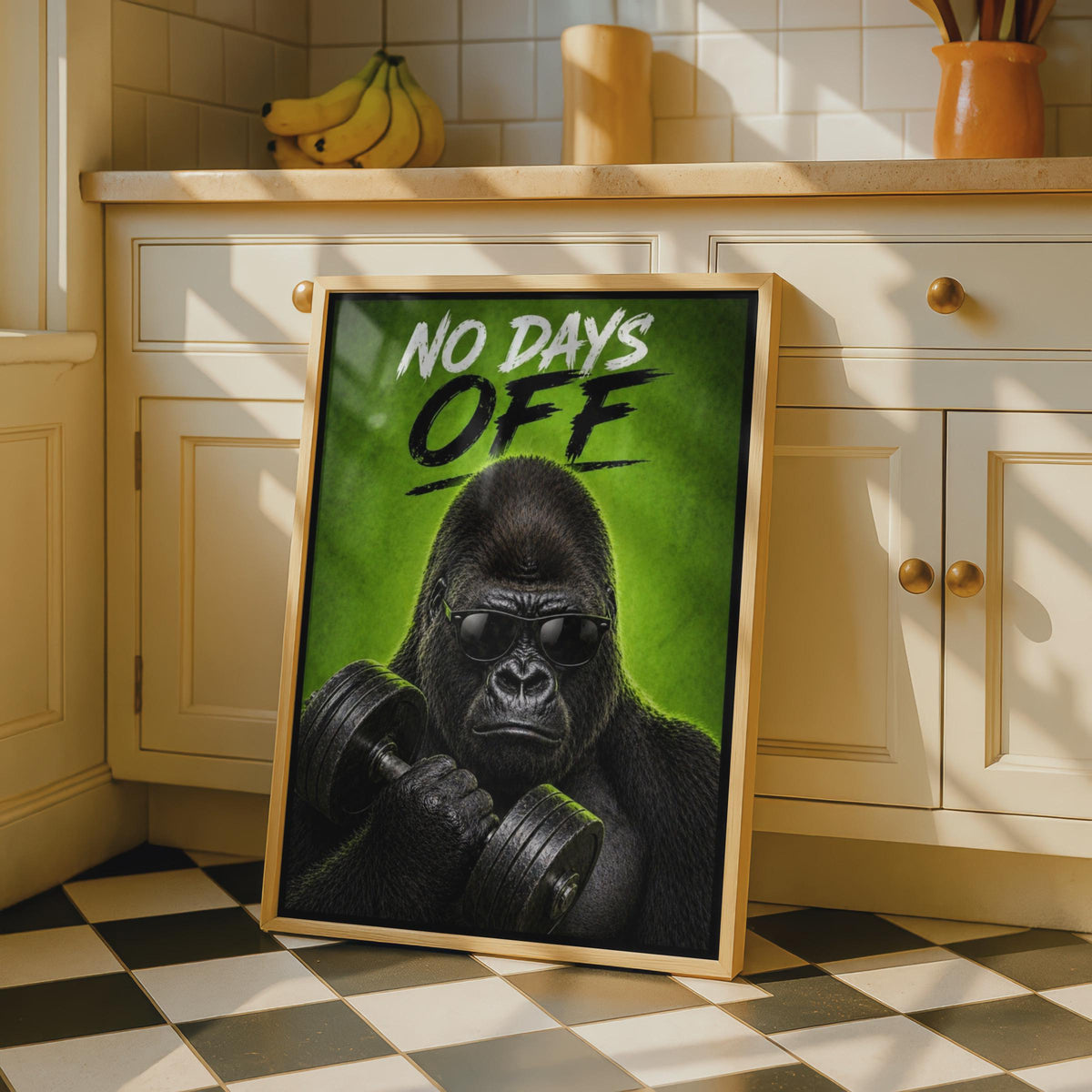 No Days Off Gorilla Gym Poster, Motivational Fitness Wall Art, Green Dumbbell Quote