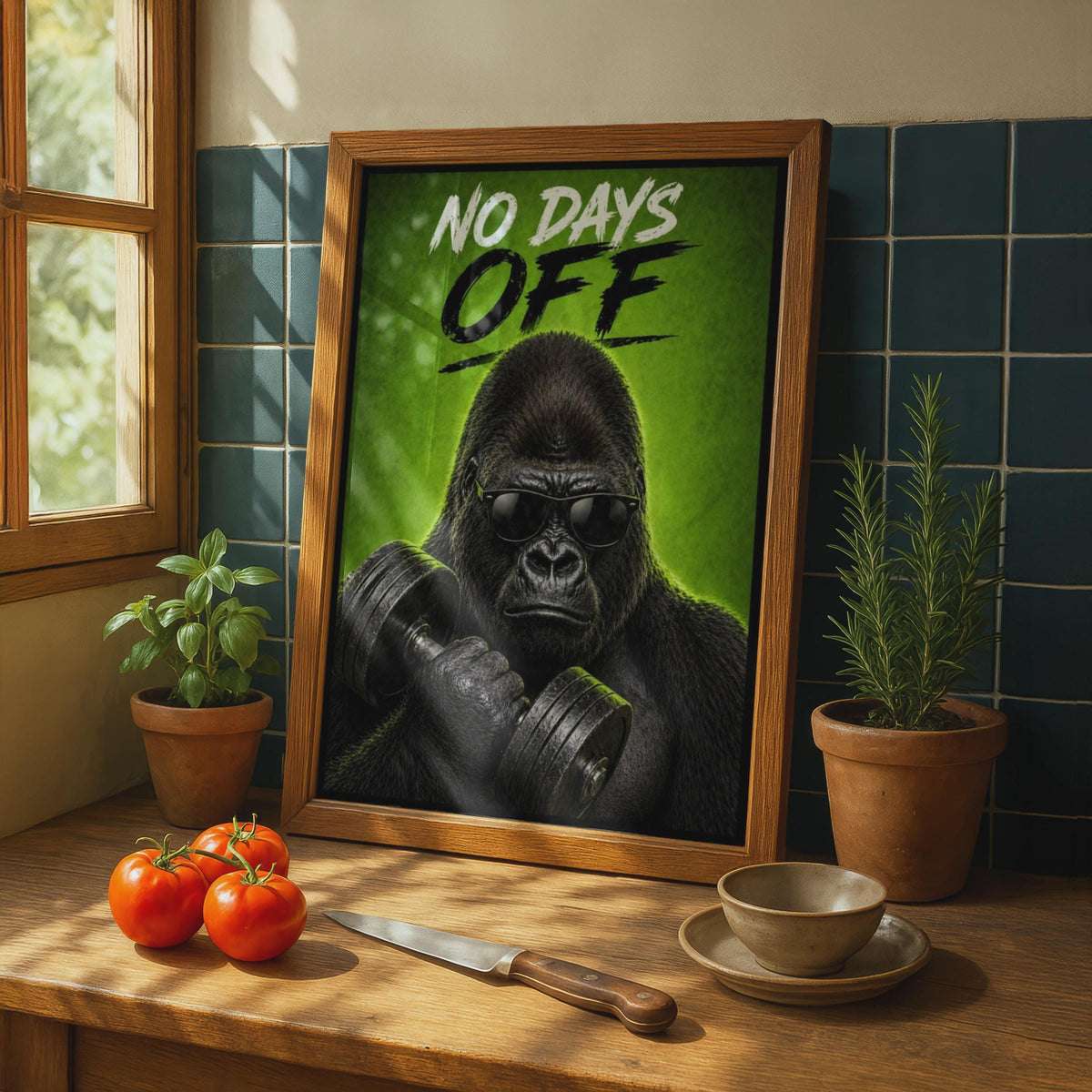 No Days Off Gorilla Gym Poster, Motivational Fitness Wall Art, Green Dumbbell Quote