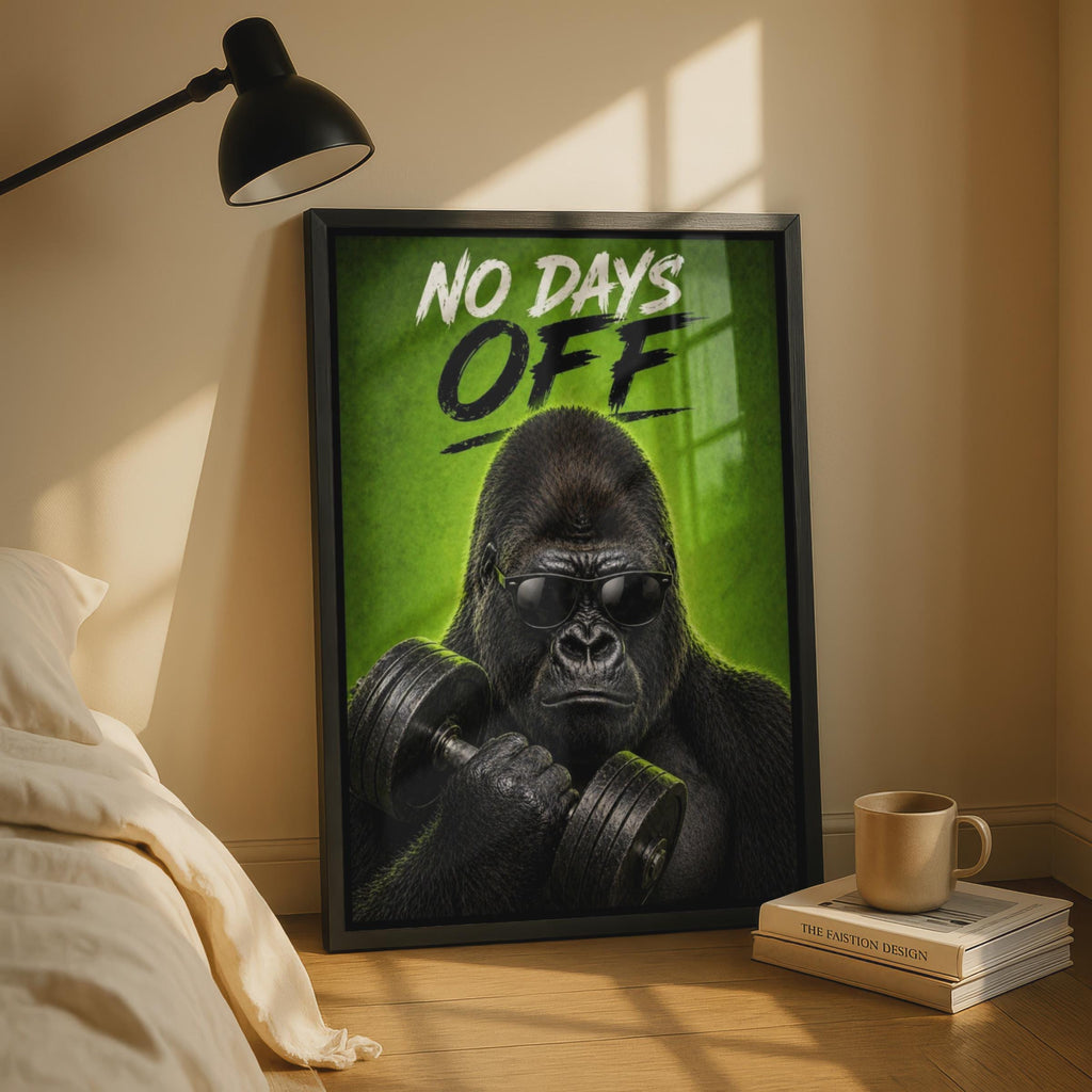 No Days Off Gorilla Gym Poster, Motivational Fitness Wall Art, Green Dumbbell Quote