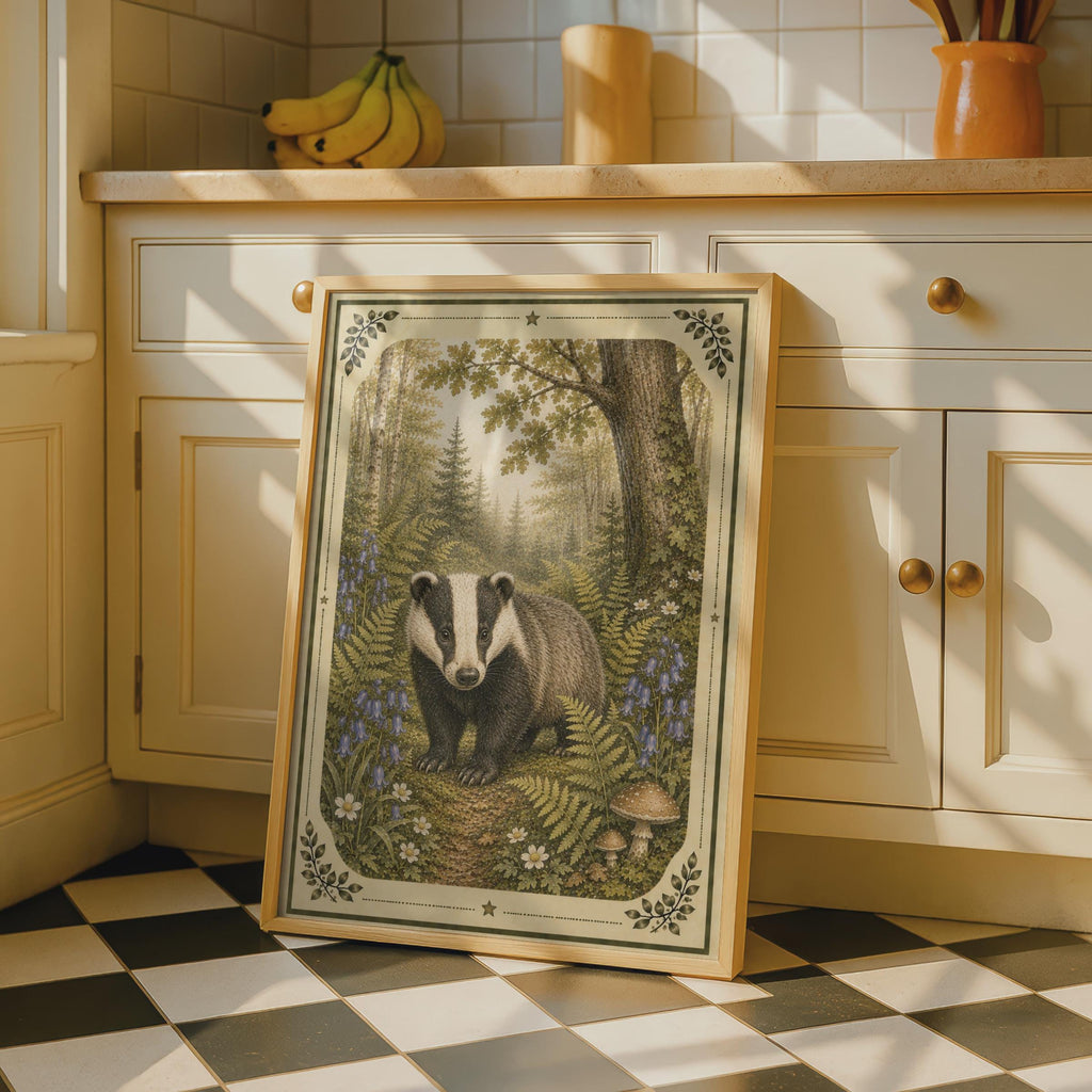 Badger Woodland Poster, Vintage Forest Wildlife Wall Art, Bluebell Fern Nature Print