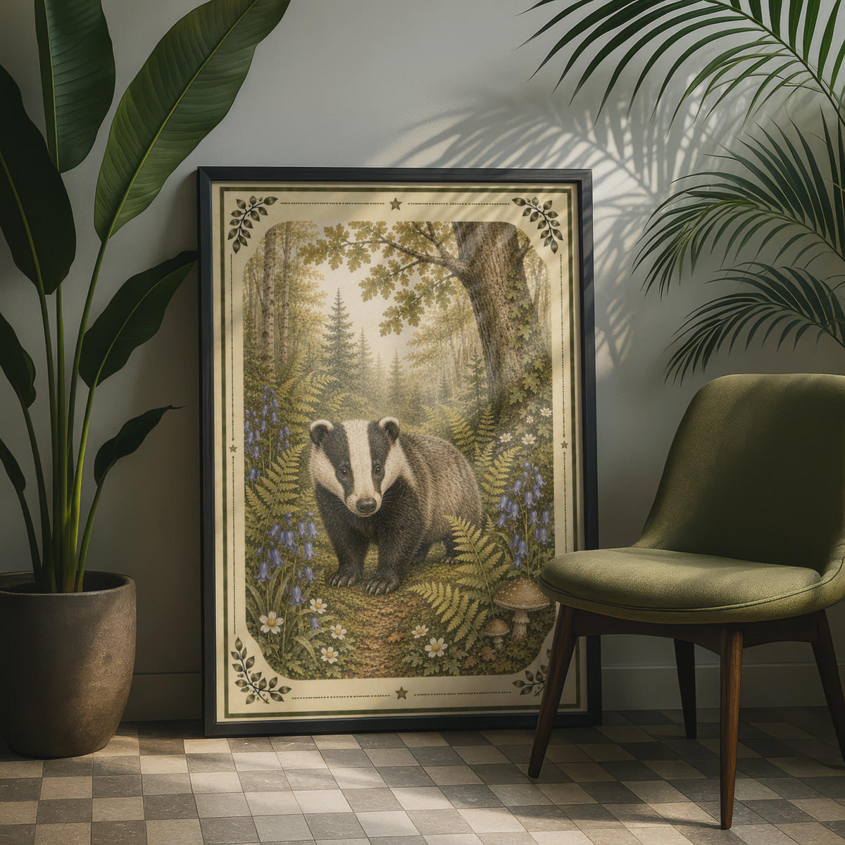 Badger Woodland Poster, Vintage Forest Wildlife Wall Art, Bluebell Fern Nature Print