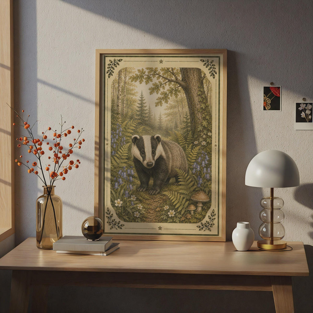 Badger Woodland Poster, Vintage Forest Wildlife Wall Art, Bluebell Fern Nature Print