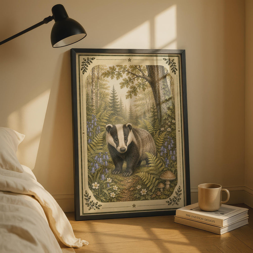 Badger Woodland Poster, Vintage Forest Wildlife Wall Art, Bluebell Fern Nature Print