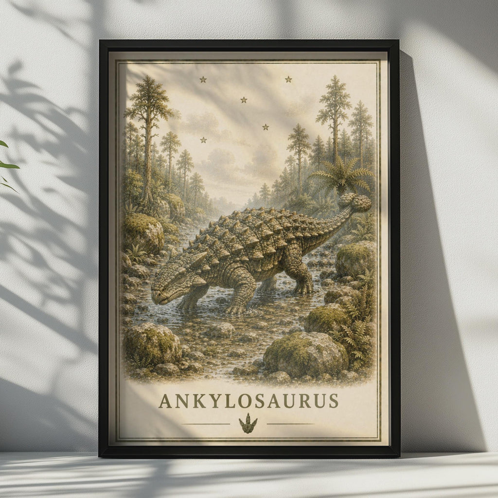 Ankylosaurus Dinosaur Poster, Vintage Botanical Style, Prehistoric Wall Art for Kids Room