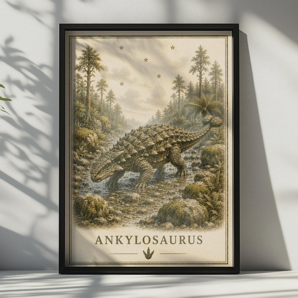 Ankylosaurus Dinosaur Poster, Vintage Botanical Style, Prehistoric Wall Art for Kids Room