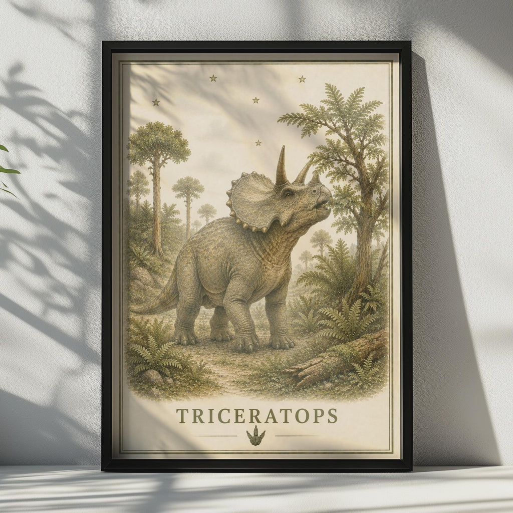 Triceratops Dinosaur Poster, Vintage Botanical Style, Children's Room Wall Art Print