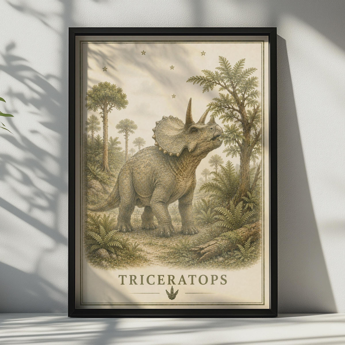 Triceratops Dinosaur Poster, Vintage Botanical Style, Children's Room Wall Art Print