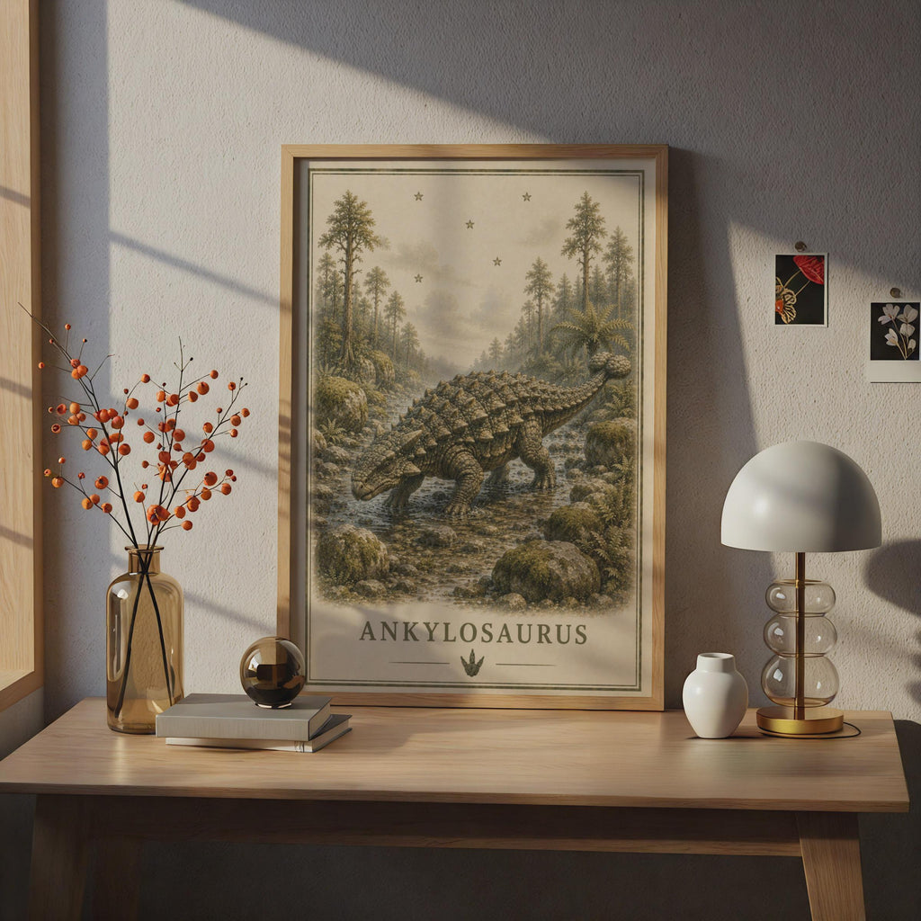 Ankylosaurus Dinosaur Poster, Vintage Botanical Style, Prehistoric Wall Art for Kids Room