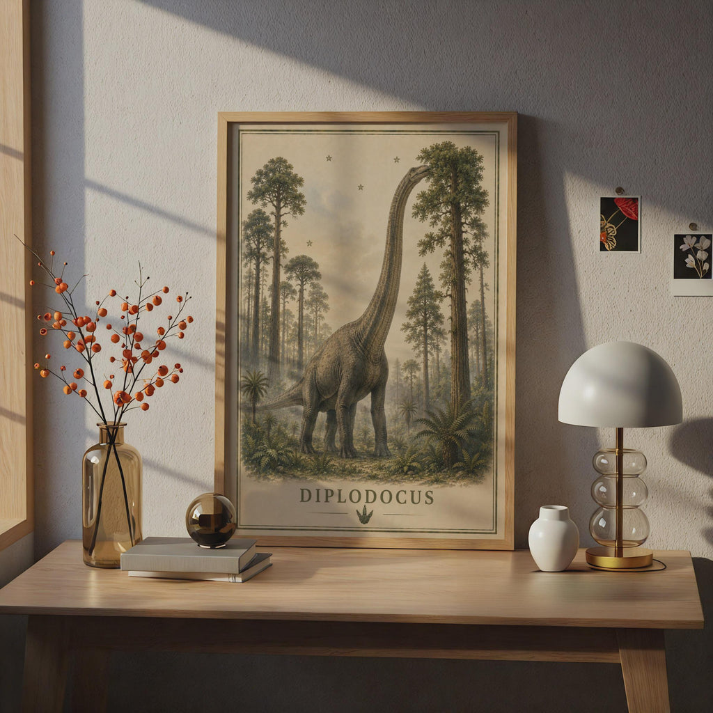 Diplodocus Dinosaur Poster, Vintage Style Sauropod Wall Art, Kids Room Print