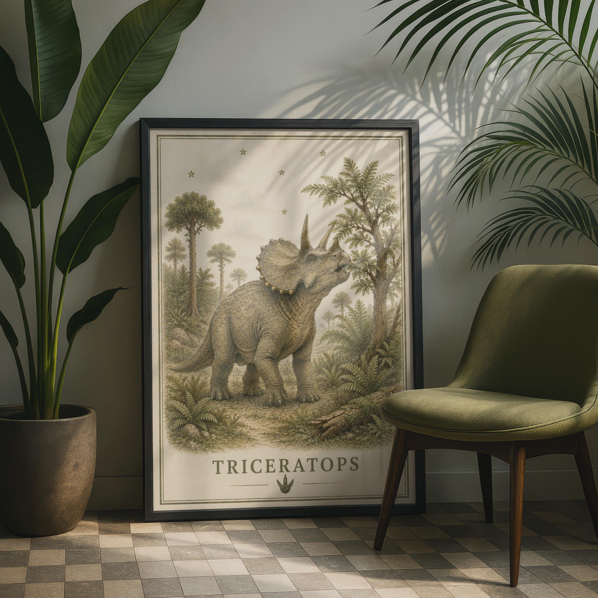 Triceratops Dinosaur Poster, Vintage Botanical Style, Children's Room Wall Art Print