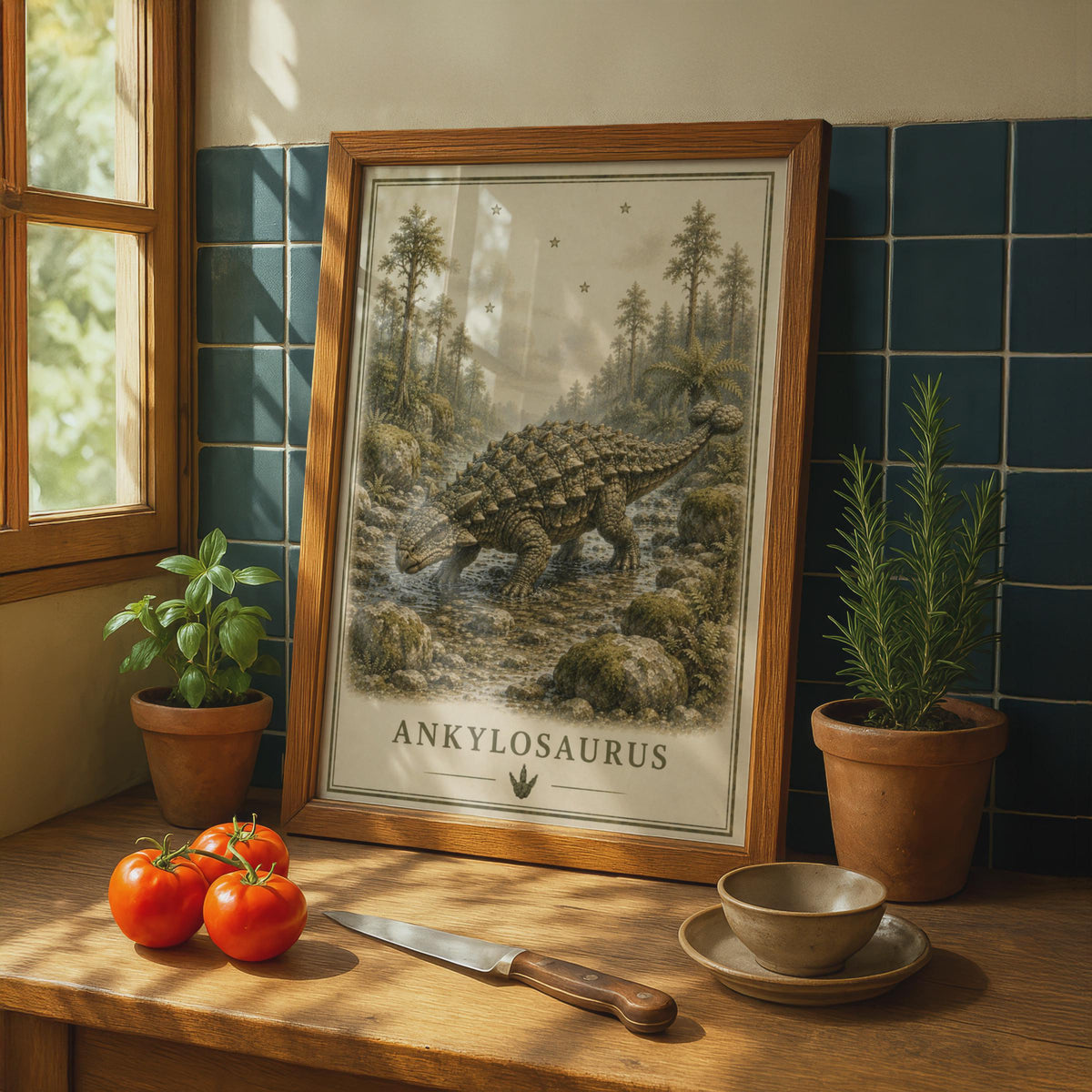 Ankylosaurus Dinosaur Poster, Vintage Botanical Style, Prehistoric Wall Art for Kids Room