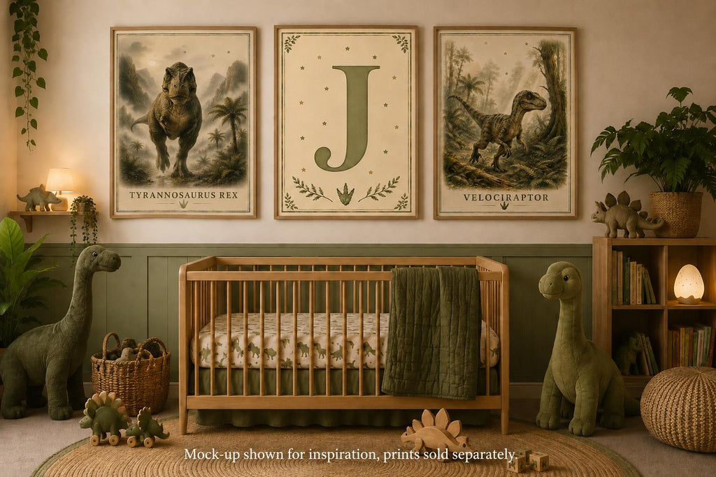Triceratops Dinosaur Poster, Vintage Botanical Style, Children's Room Wall Art Print