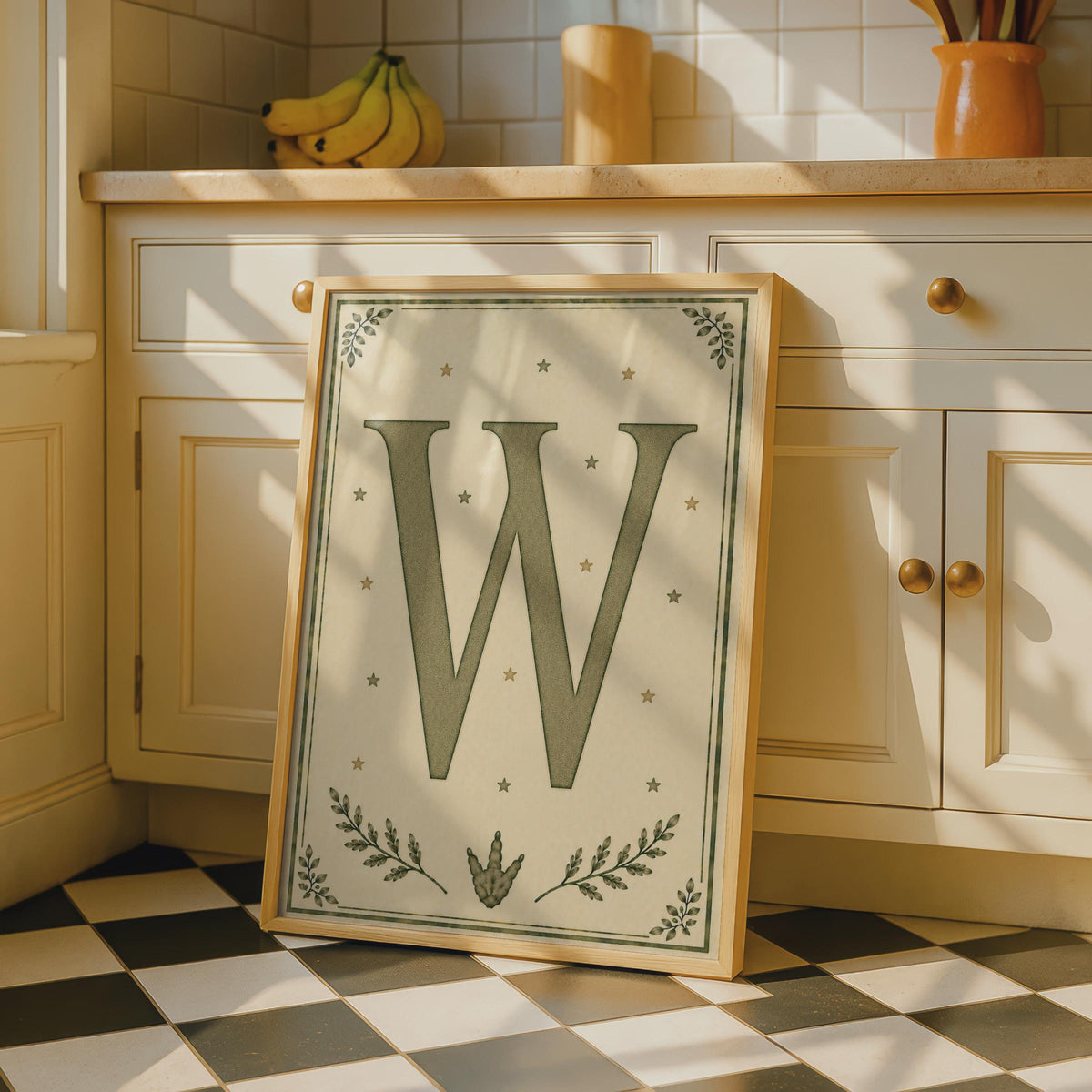 Letter W Poster, Vintage Botanical Monogram Wall Art, Olive Green Initial Print