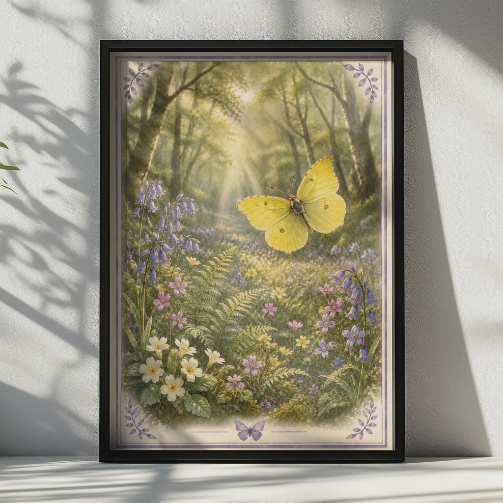 Bluebell Wood Butterfly Poster, Botanical Forest Wall Art, Floral Nature Print, Spring Wildflowers