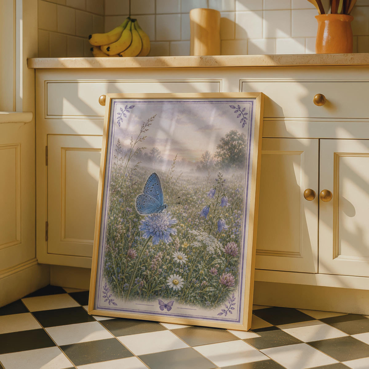 Blue Butterfly Wildflower Meadow Poster, Botanical Nature Wall Art, Misty Dawn Floral Print