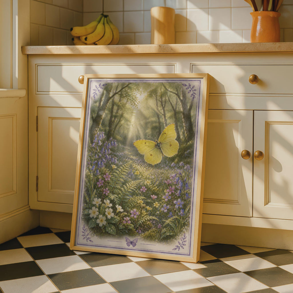 Bluebell Wood Butterfly Poster, Botanical Forest Wall Art, Floral Nature Print, Spring Wildflowers