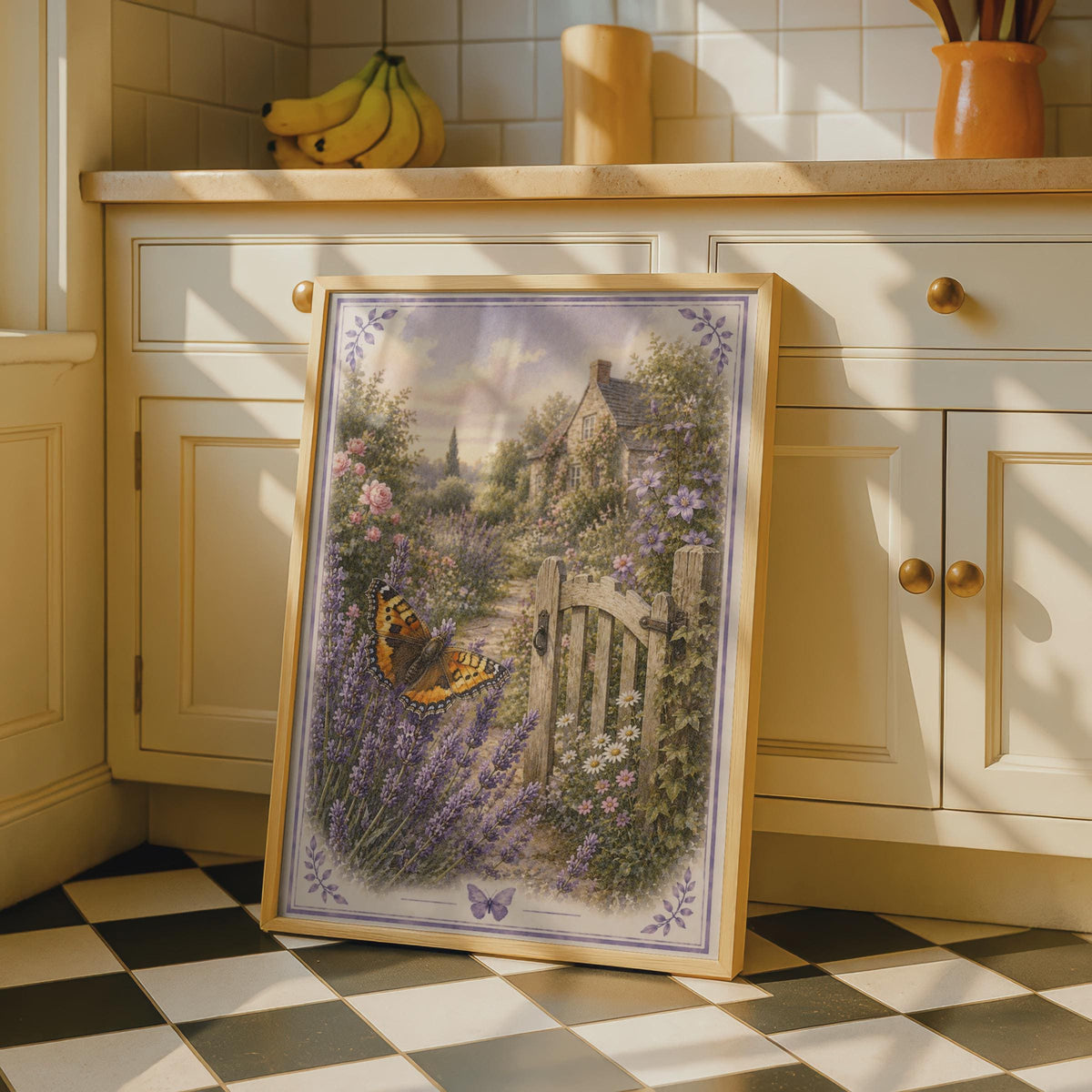 Cottage Garden Butterfly Poster, Lavender Floral Wall Art, Vintage Rustic Print