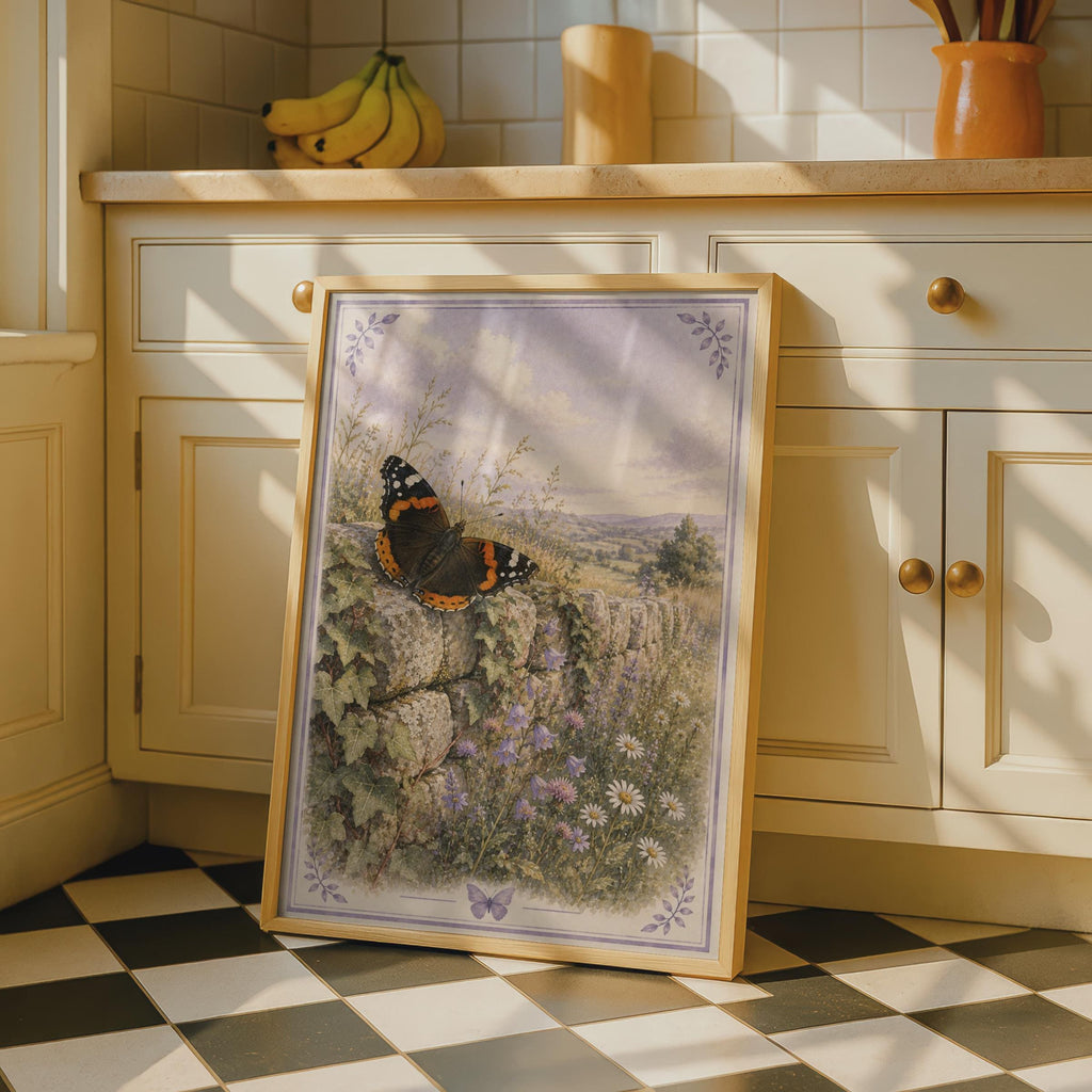 Red Admiral Butterfly Poster, Vintage Wildflower Countryside Wall Art, Nature Print