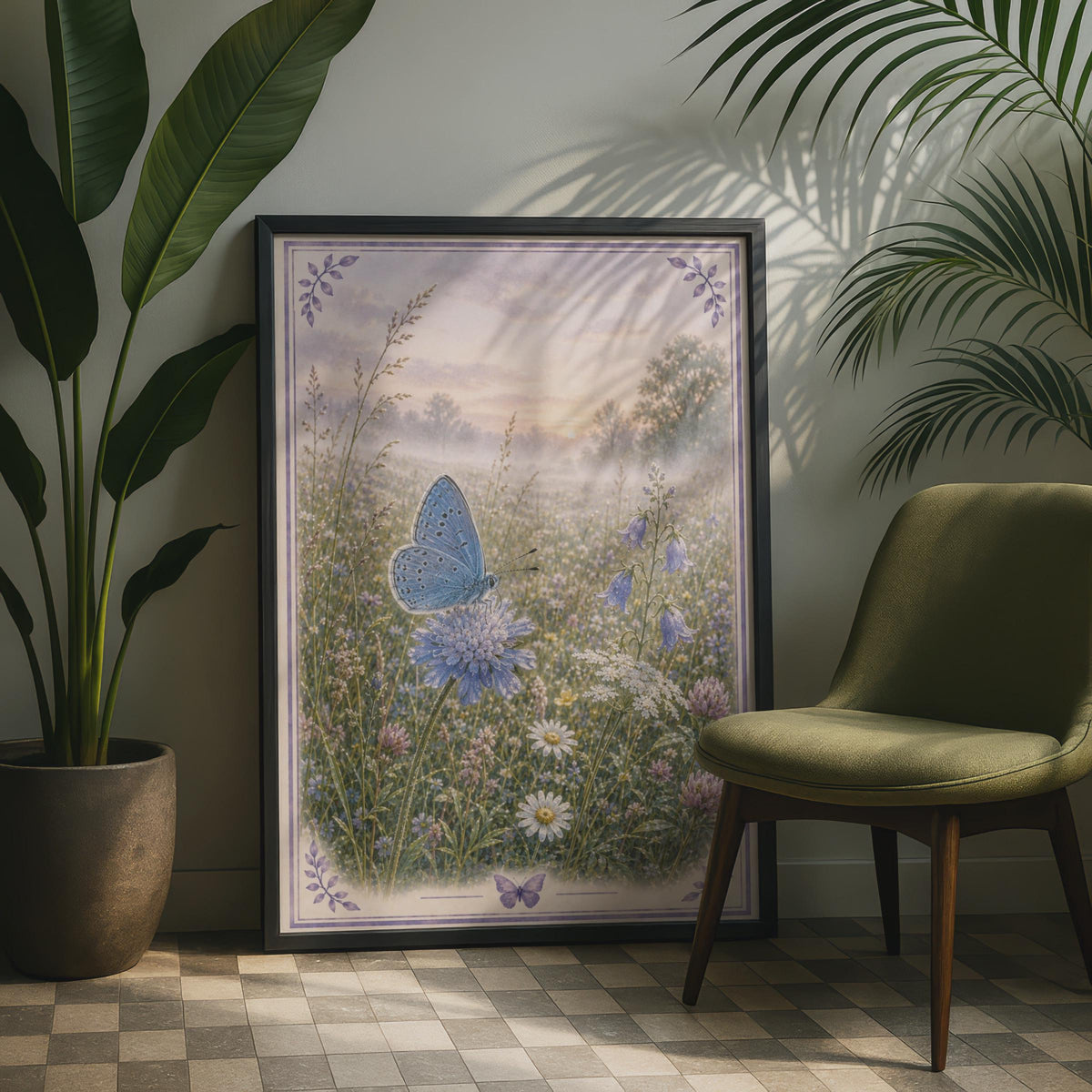 Blue Butterfly Wildflower Meadow Poster, Botanical Nature Wall Art, Misty Dawn Floral Print