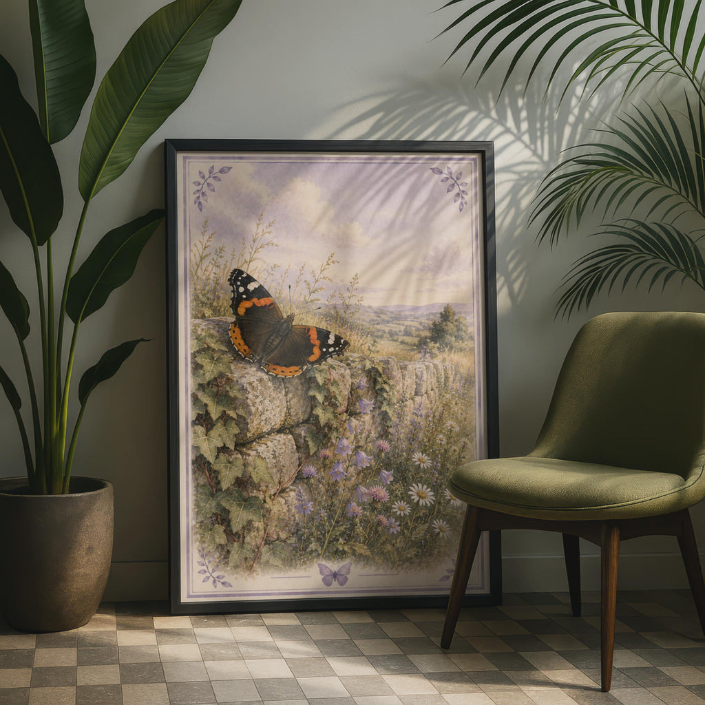 Red Admiral Butterfly Poster, Vintage Wildflower Countryside Wall Art, Nature Print