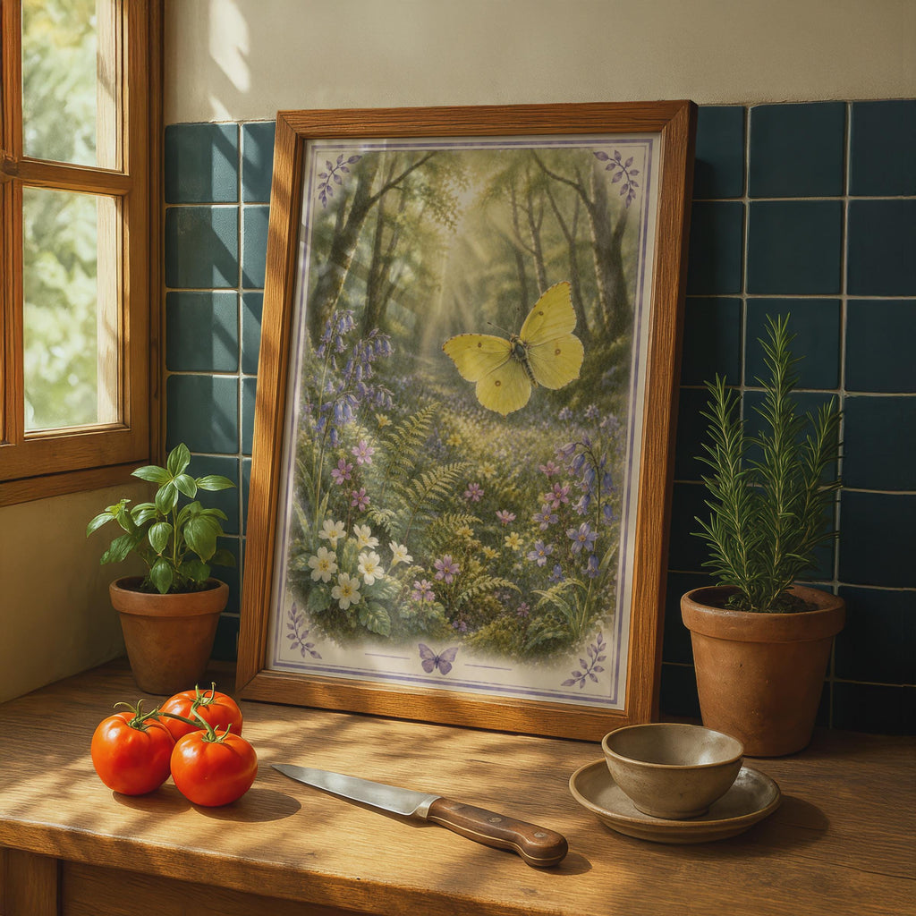Bluebell Wood Butterfly Poster, Botanical Forest Wall Art, Floral Nature Print, Spring Wildflowers