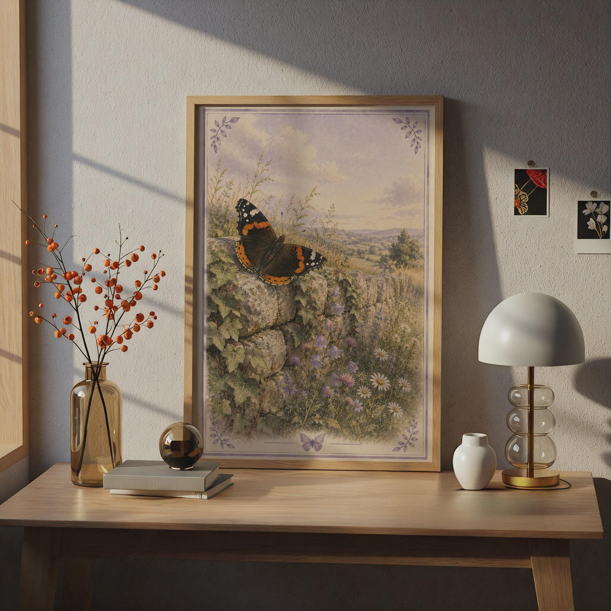 Red Admiral Butterfly Poster, Vintage Wildflower Countryside Wall Art, Nature Print