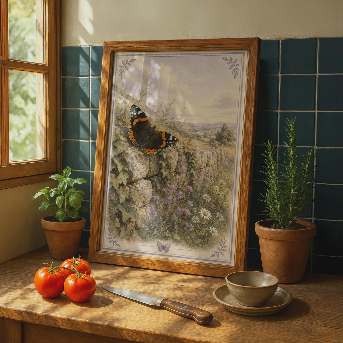 Red Admiral Butterfly Poster, Vintage Wildflower Countryside Wall Art, Nature Print