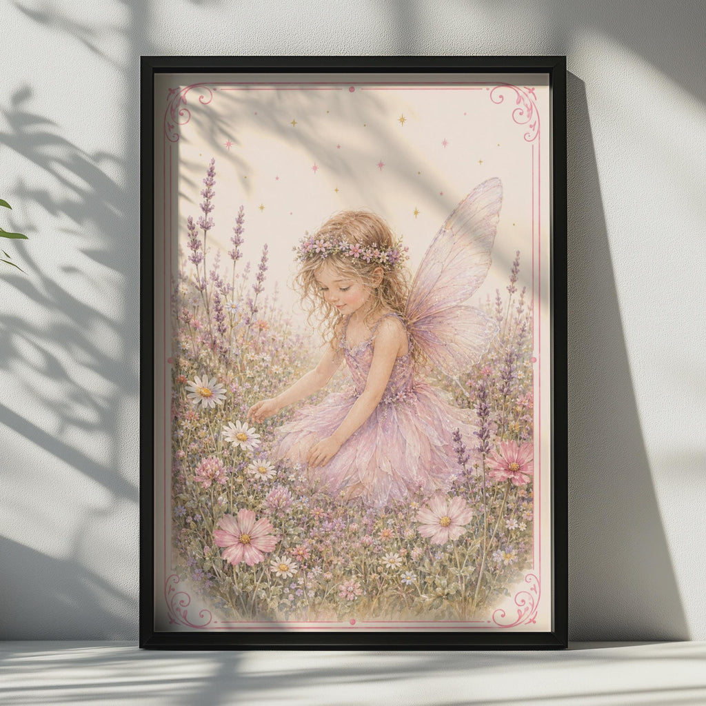 Fairy Girl Flower Meadow Poster, Lavender Floral Fantasy Children's Wall Art, Pink Nursery Print